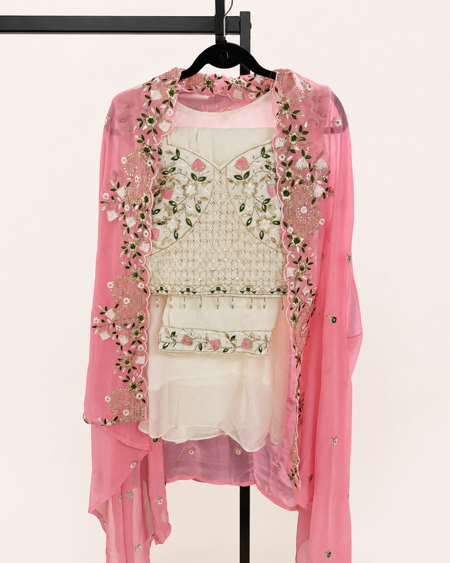 White and Pink Crop Top Floral Palazzo Set with Gold Embroidery and Pink Cape As Dupatta