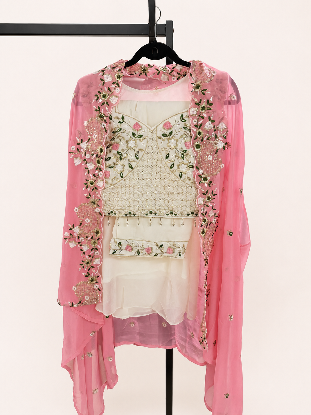 White and Pink Crop Top Floral Palazzo Set with Gold Embroidery and Pink Cape As Dupatta