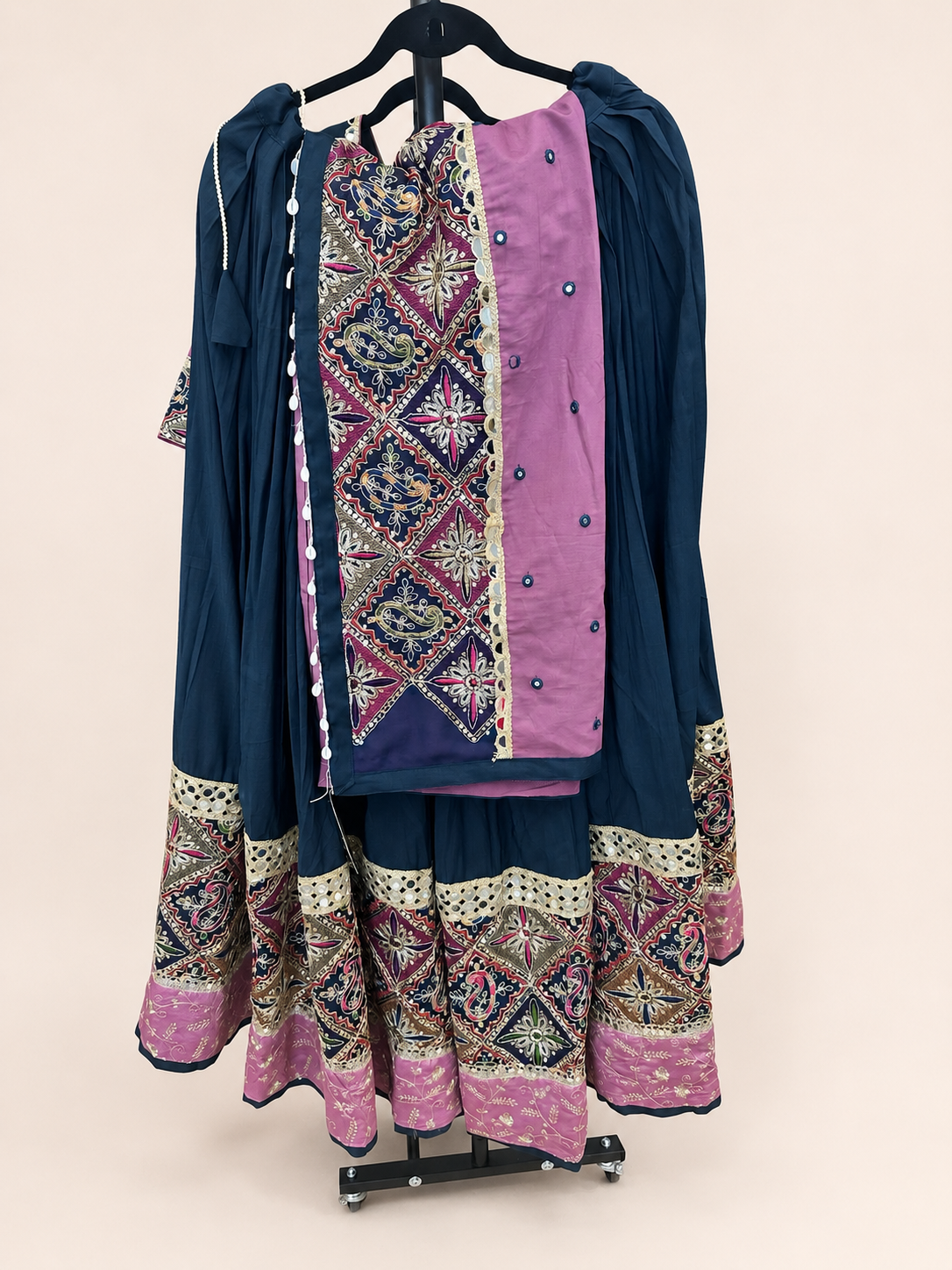 Black and Pink Garba Lehenga Set with Pink Dupatta