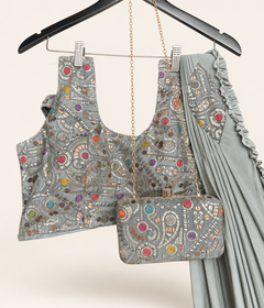 Grey Pattern Soft Pre-Stiched  Saree with purse