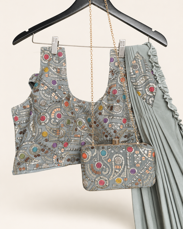 Grey Pattern Soft Pre-Stiched  Saree with purse