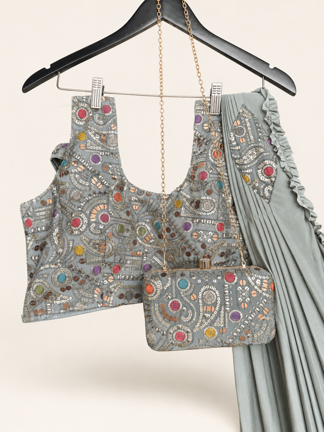 Grey Pattern Soft Pre-Stiched  Saree with purse