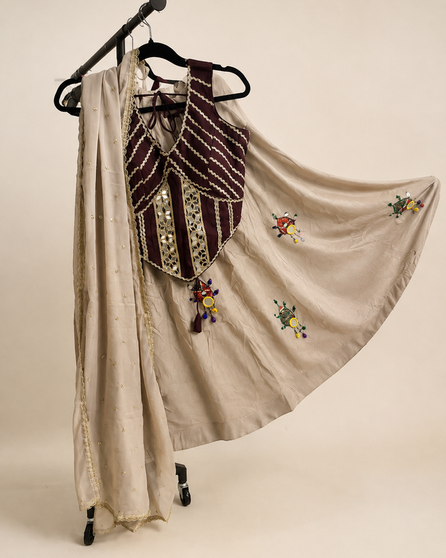 Brown and Tan Striped Garba Set Lehenga Choli