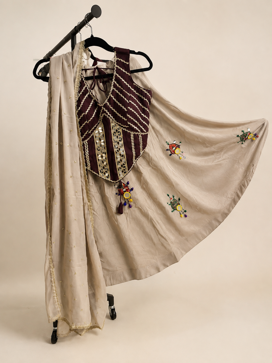 Brown and Tan Striped Garba Set Lehenga Choli