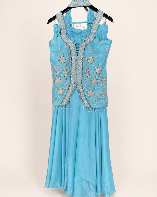 Light Blue Cut Top with Knotted Top Palazzo Set and Choker Dupatta