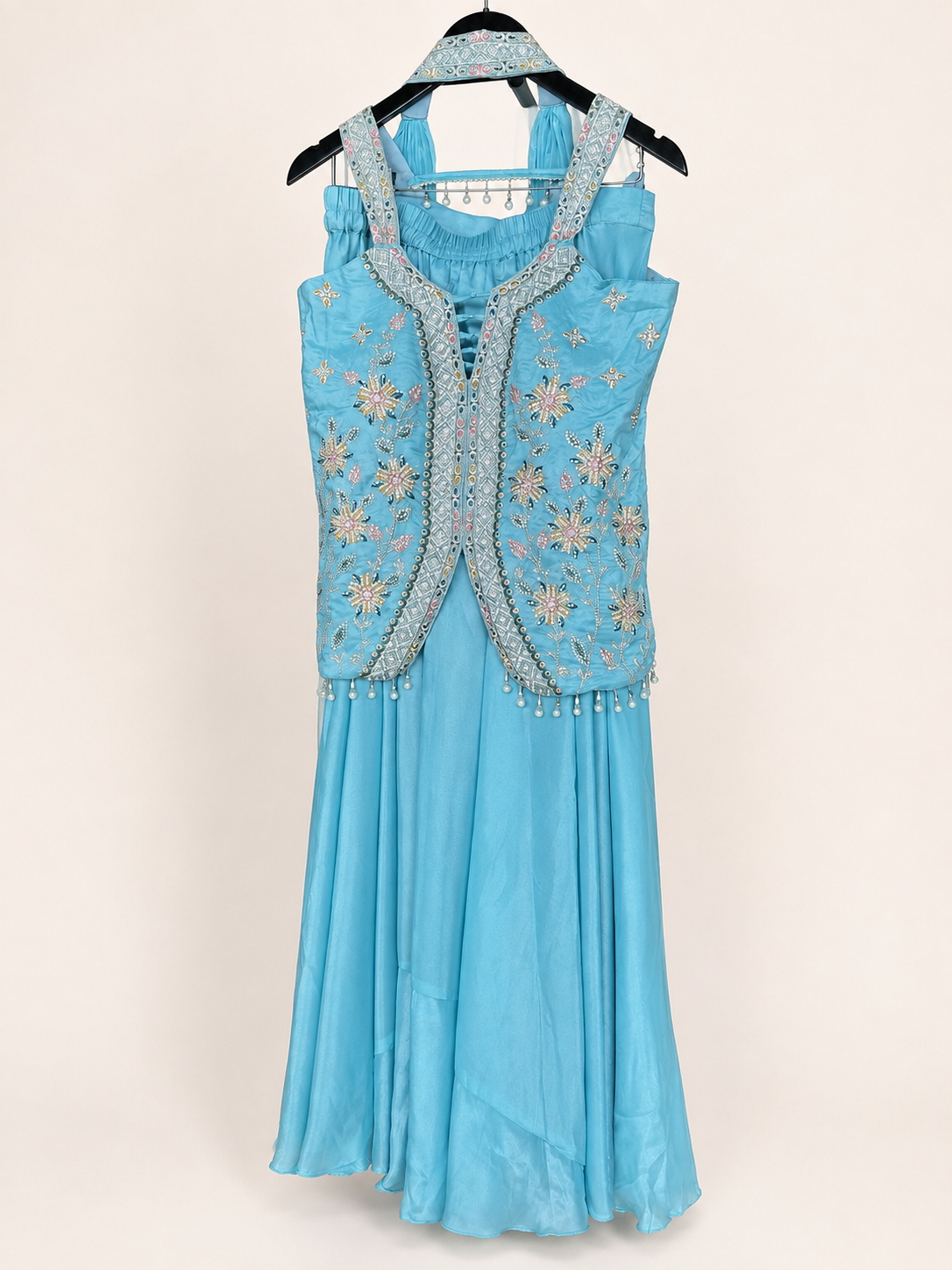 Light Blue Cut Top with Knotted Top Palazzo Set and Choker Dupatta