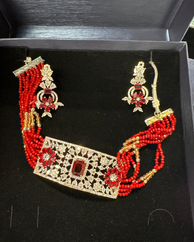 Beaded Red Choker Ruby Set