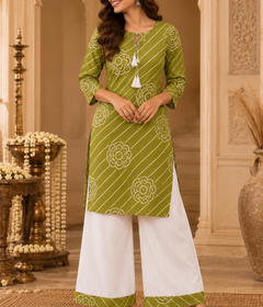 Leheriya Striped Bloom Kurta Palazzo Set in Green