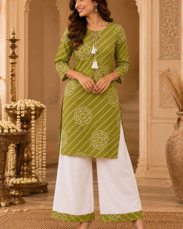 Leheriya Striped Bloom Kurta Palazzo Set in Green
