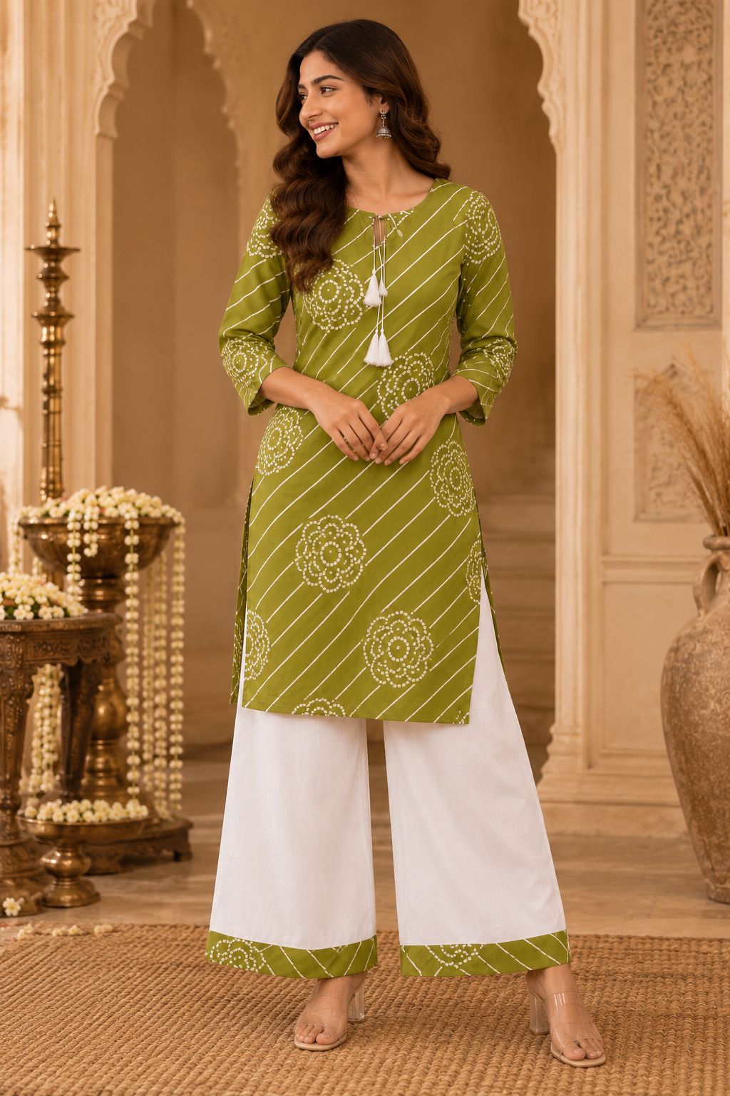 Leheriya Striped Bloom Kurta Palazzo Set in Green