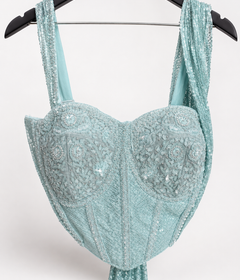 Aqua Green Sequence Wire Crop Top Corset Pre-Stiched Skirt