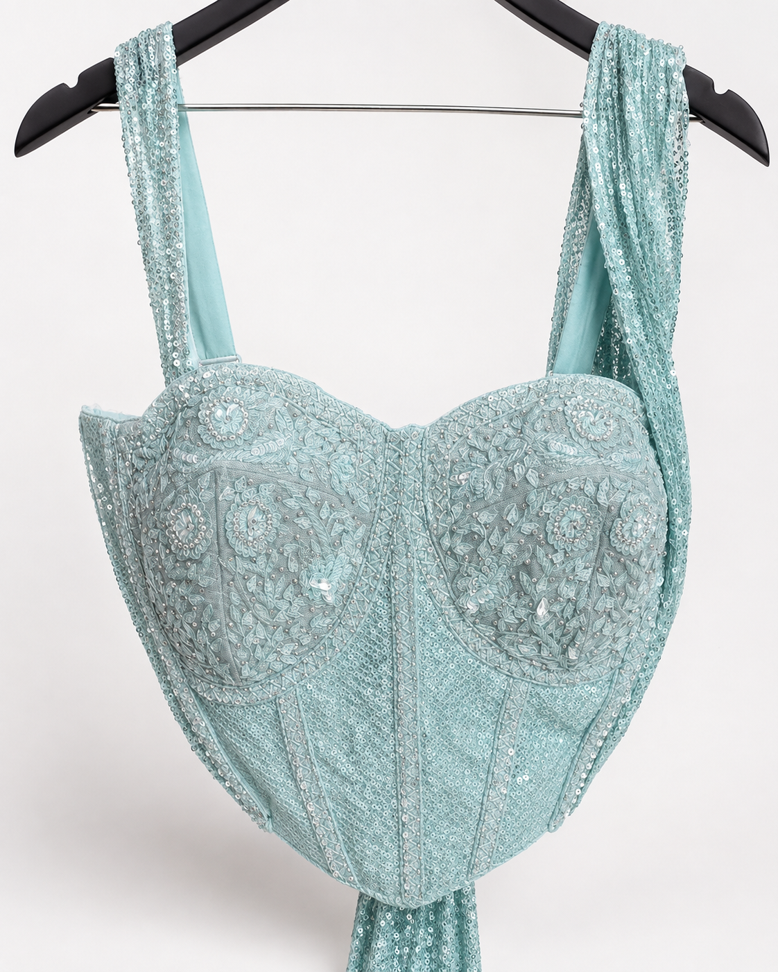 Aqua Green Sequence Wire Crop Top Corset Pre-Stiched Skirt