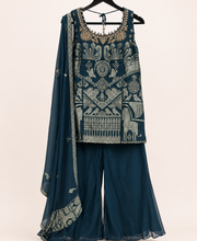 Dark Green Bird Embroidery Print Palazzo Set