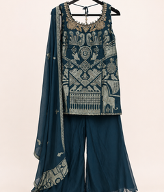 Dark Green Bird Embroidery Print Palazzo Set