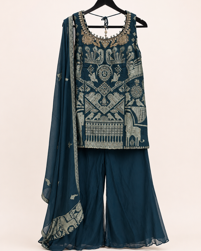 Dark Green Bird Embroidery Print Palazzo Set