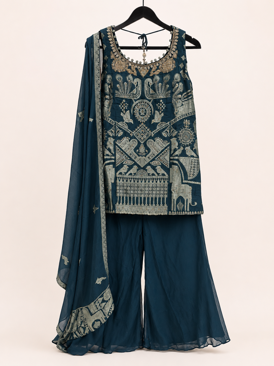 Dark Green Bird Embroidery Print Palazzo Set