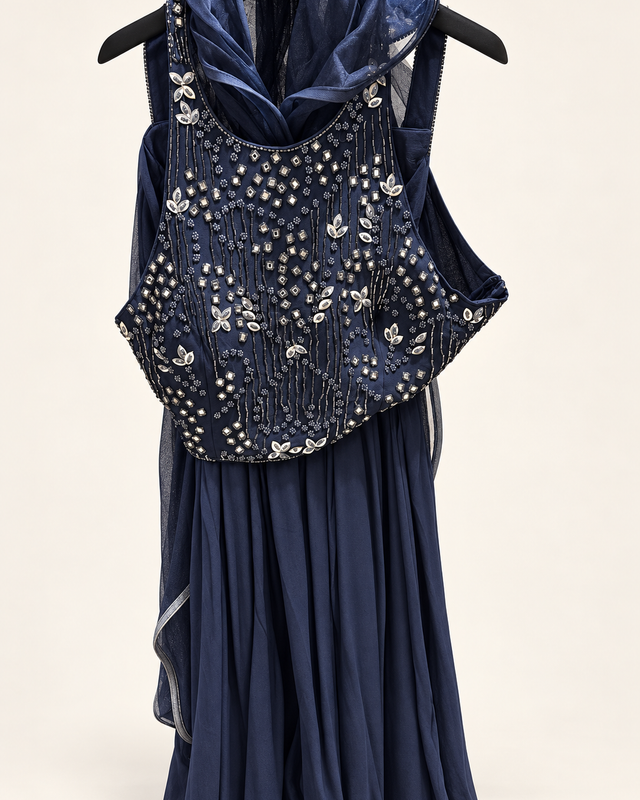 Midnight Blue Stone Palazzo Set with Ruffle Dupatta
