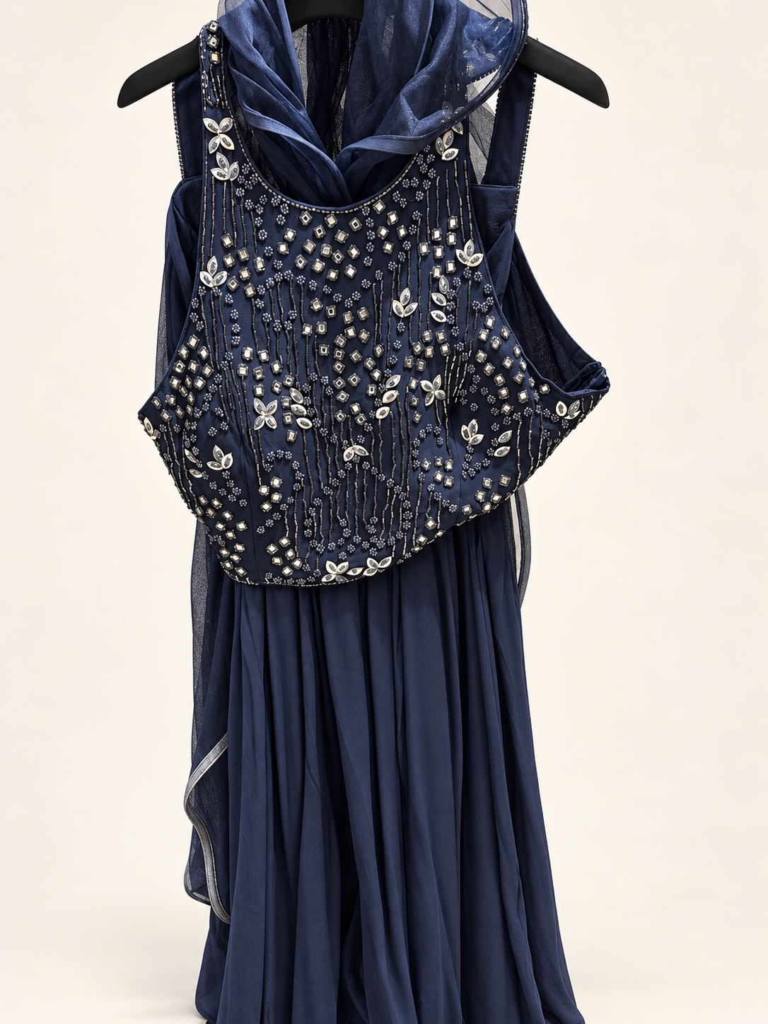 Midnight Blue Stone Palazzo Set with Ruffle Dupatta