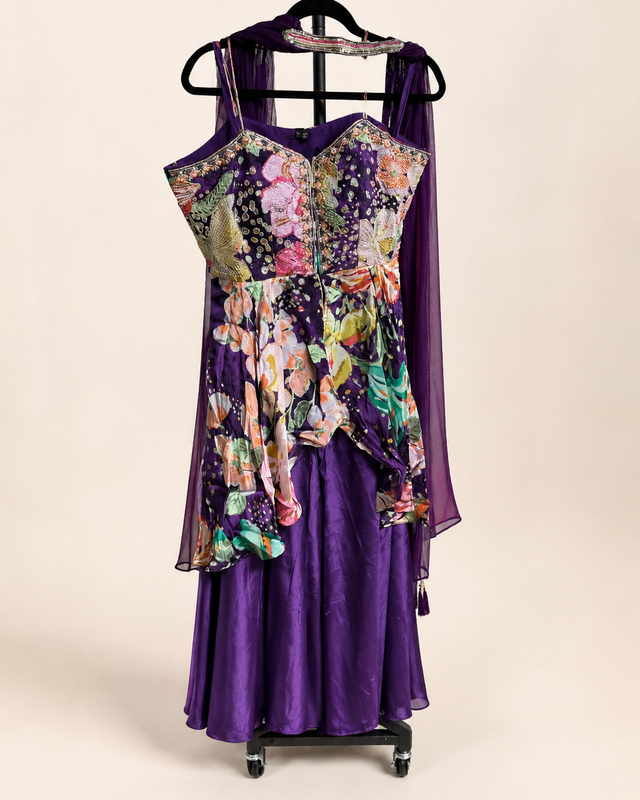 Purple Floral Tropical Print Sleeveless Palazzo Set with flowy Top