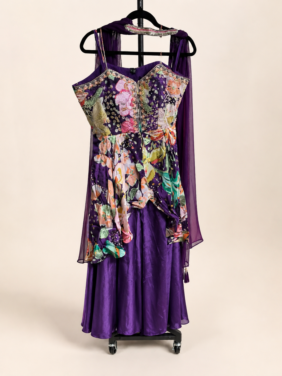 Purple Floral Tropical Print Sleeveless Palazzo Set with flowy Top