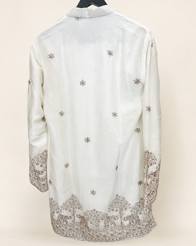 Mens V Nevk White Soft Material Kurta with Gold Elephant Embroidery