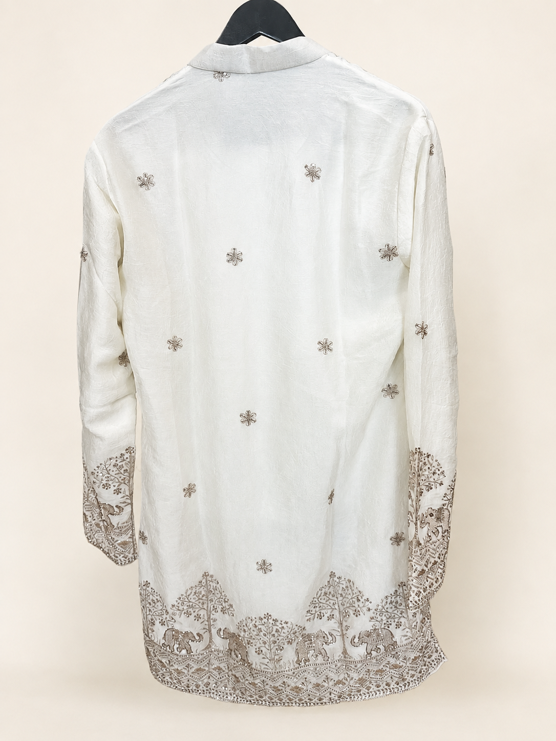 Mens V Nevk White Soft Material Kurta with Gold Elephant Embroidery