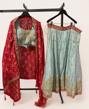 Metallic Sky blue Heavy Lehenga Set with Heavy Work and Red Dupatta