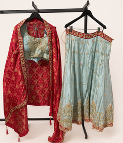 Metallic Sky blue Heavy Lehenga Set with Heavy Work and Red Dupatta