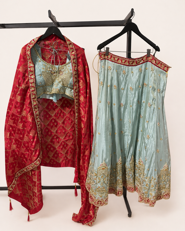 Metallic Sky blue Heavy Lehenga Set with Heavy Work and Red Dupatta