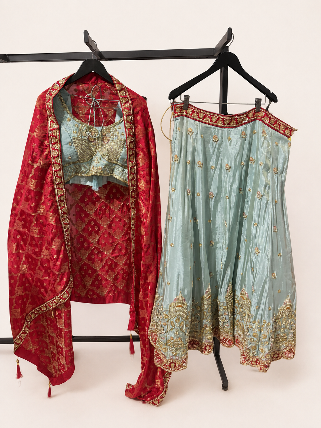 Metallic Sky blue Heavy Lehenga Set with Heavy Work and Red Dupatta