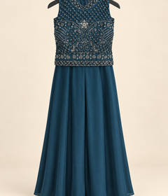 Dark Sea Blue Sleeveless Sequence Crop Top Palazzo Set with Choker Dupatta