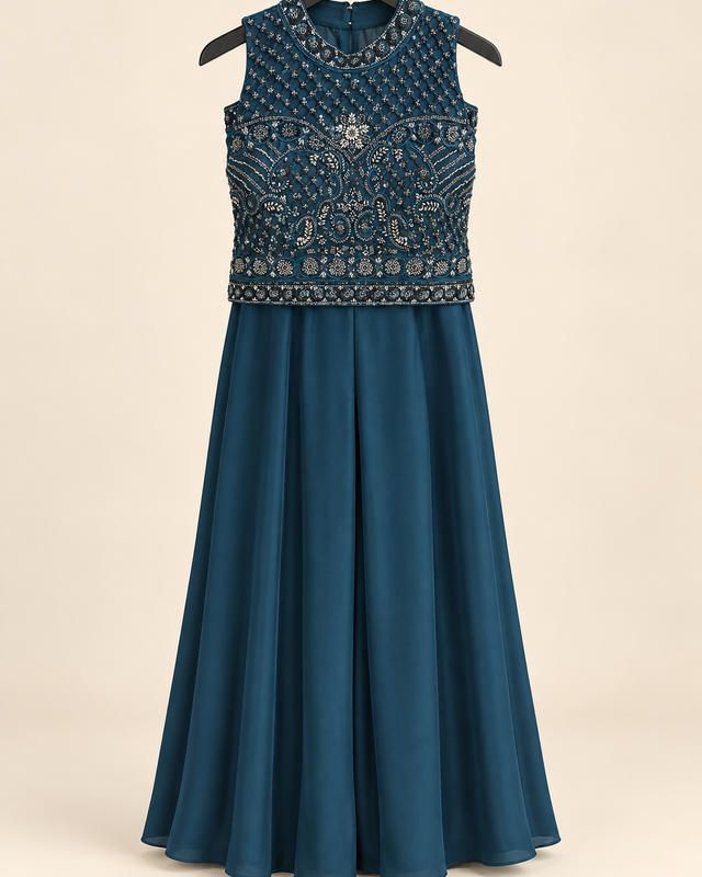 Dark Sea Blue Sleeveless Sequence Crop Top Palazzo Set with Choker Dupatta
