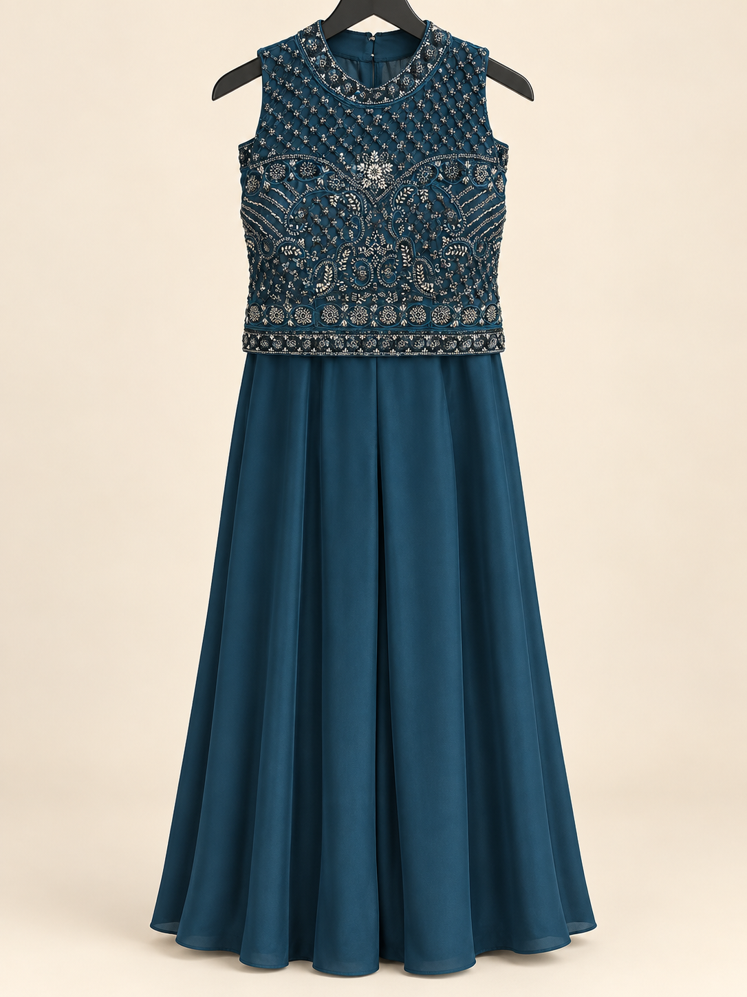Dark Sea Blue Sleeveless Sequence Crop Top Palazzo Set with Choker Dupatta