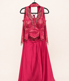 Red Multi Cut Top With Golden Embroidery Palazzo Set Choker Dupatta