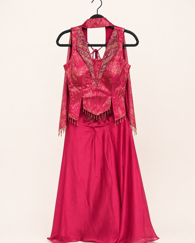 Red Multi Cut Top With Golden Embroidery Palazzo Set Choker Dupatta