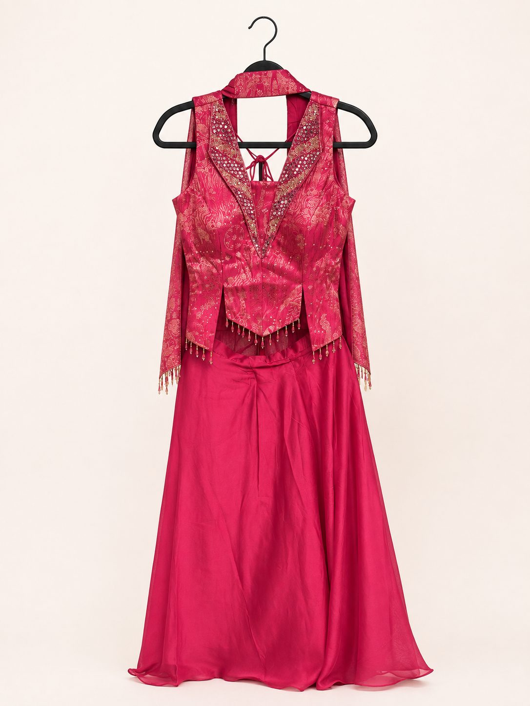 Red Multi Cut Top With Golden Embroidery Palazzo Set Choker Dupatta