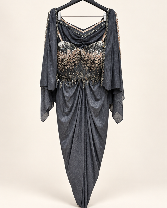 Shiny Black Co-Ord Set with Jacket as Dupatta