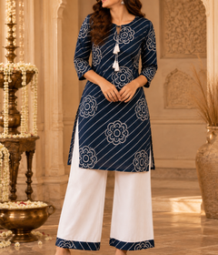 Leheriya Striped Bloom Kurta Palazzo Set in blue