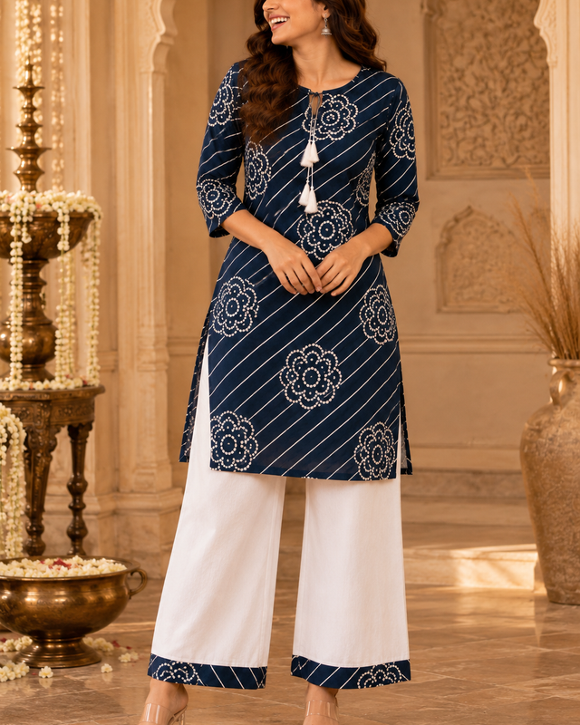 Leheriya Striped Bloom Kurta Palazzo Set in blue
