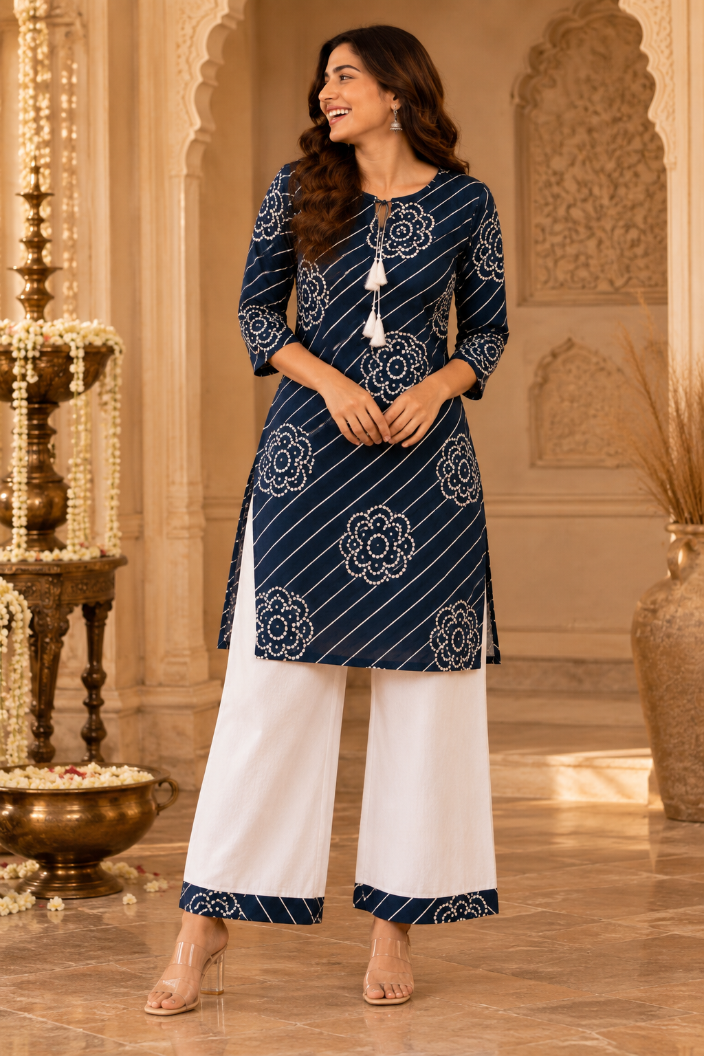 Leheriya Striped Bloom Kurta Palazzo Set in blue