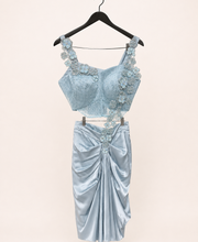 Blue Satin Pre-Stiched Saree with Net Top and Simple floral Design