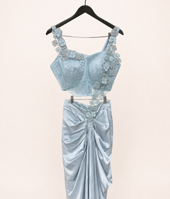Blue Satin Pre-Stiched Saree with Net Top and Simple floral Design