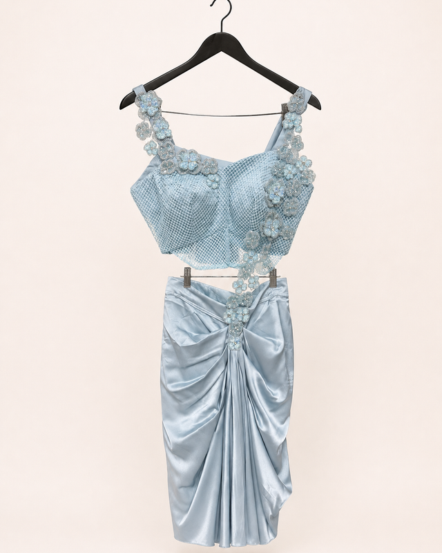 Blue Satin Pre-Stiched Saree with Net Top and Simple floral Design
