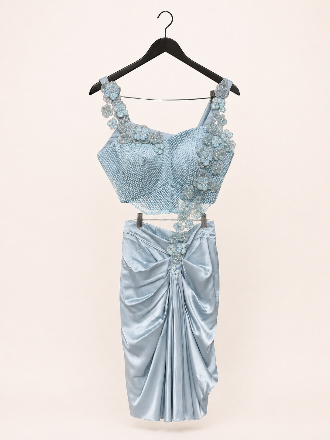 Blue Satin Pre-Stiched Saree with Net Top and Simple floral Design