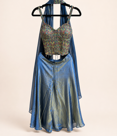 Deluxe Blue Corset Style Palazzo Suit Metallic Color