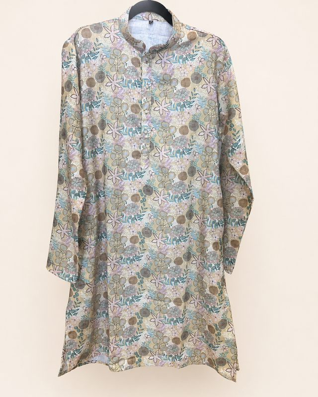 Yellow Leafy Pattern Mens Kurta Cotton
