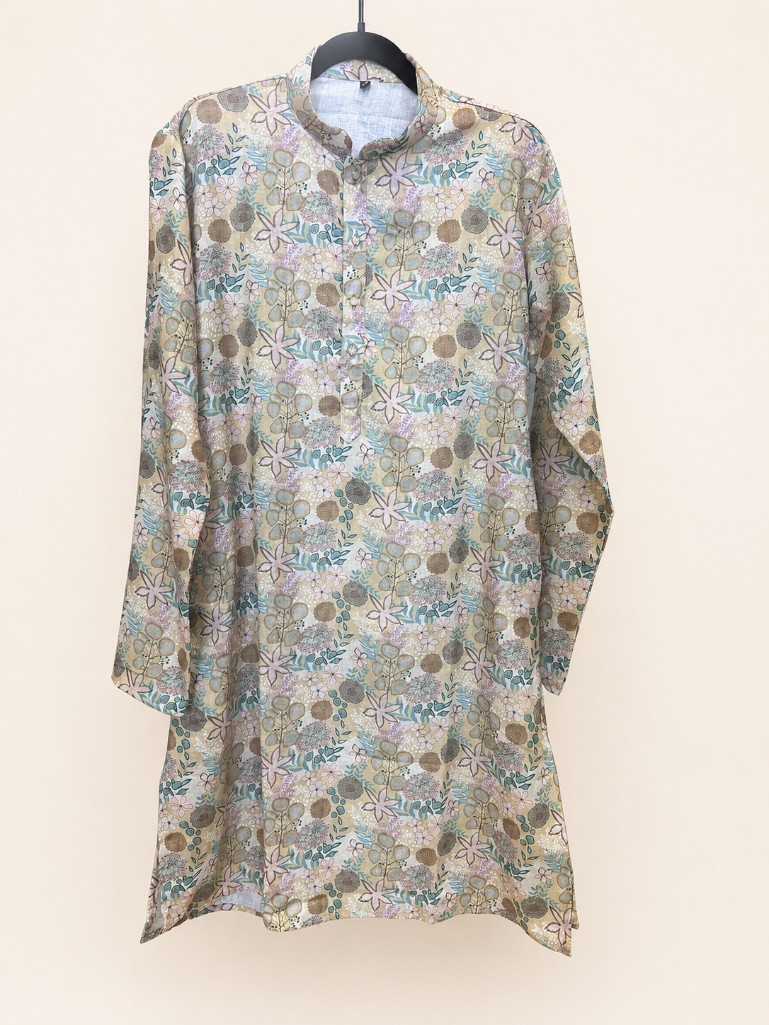 Yellow Leafy Pattern Mens Kurta Cotton
