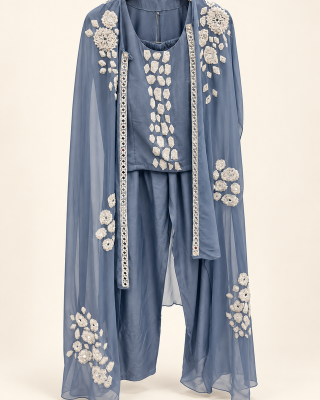 RINIYA Sky Blue with White Pattern Cape Dupatta Set
