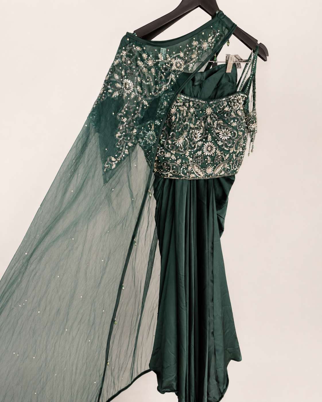 Green Asymmetrical Crop Cape drape