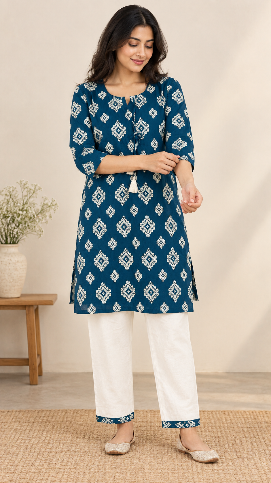 Bandhani Diamond Print Kurta Palazzo Set in Blue